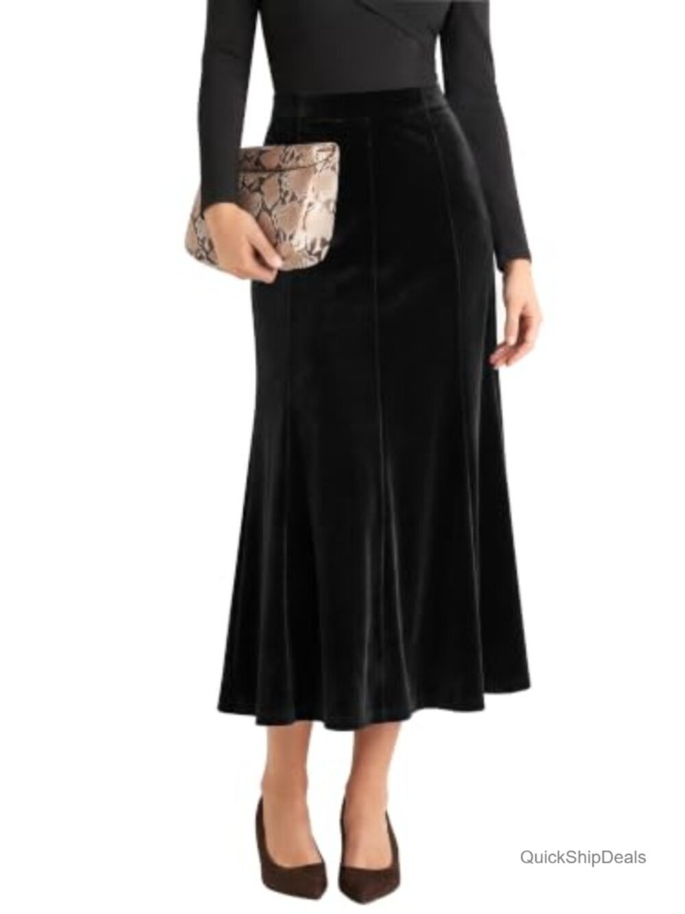 Velvet A-Line Midi Skirt High-Waisted Stretch Polyester Spandex